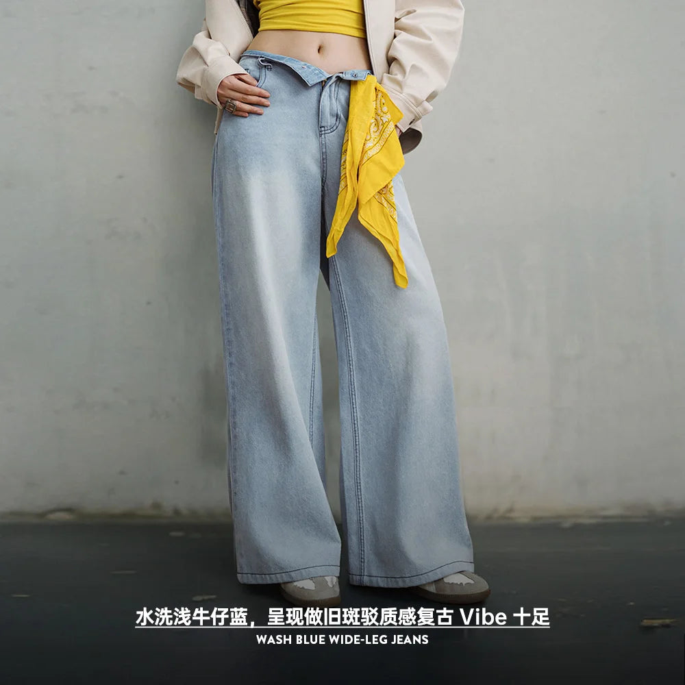 Maden Vintage Washed Blue Wide Leg Jeans for Women Loose Do Old Straight Leg Pants 10 OZ Cotton Breathable Lightweight Trousers