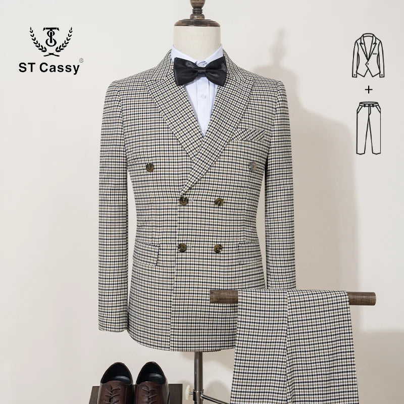 ST Cassy Fashionable Plaid suit High-end Brand Business Slim Fit Casual Party Dress Male Groom Wedding Blazers Double Breasted