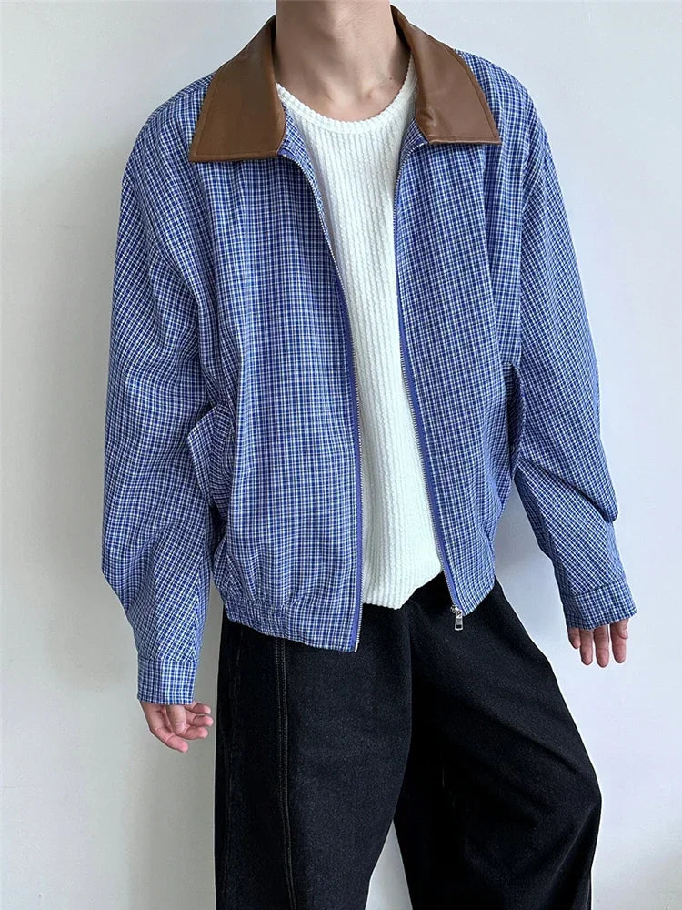 2025 Autumn High Street Plaid Jackets For Men Casual Y2K Vintage Streetwear Zipper Coats Hip Hop Fashion Motorcycle Jacket