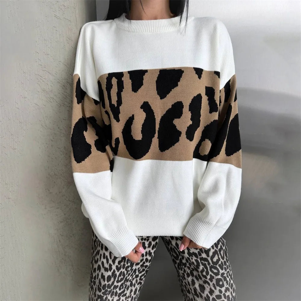 Autumn Winter Vintage Leopard Print Women's Sweater Loose Causal Oversized Knitwear Women Fashion Oneck Female Clothing 2024 New