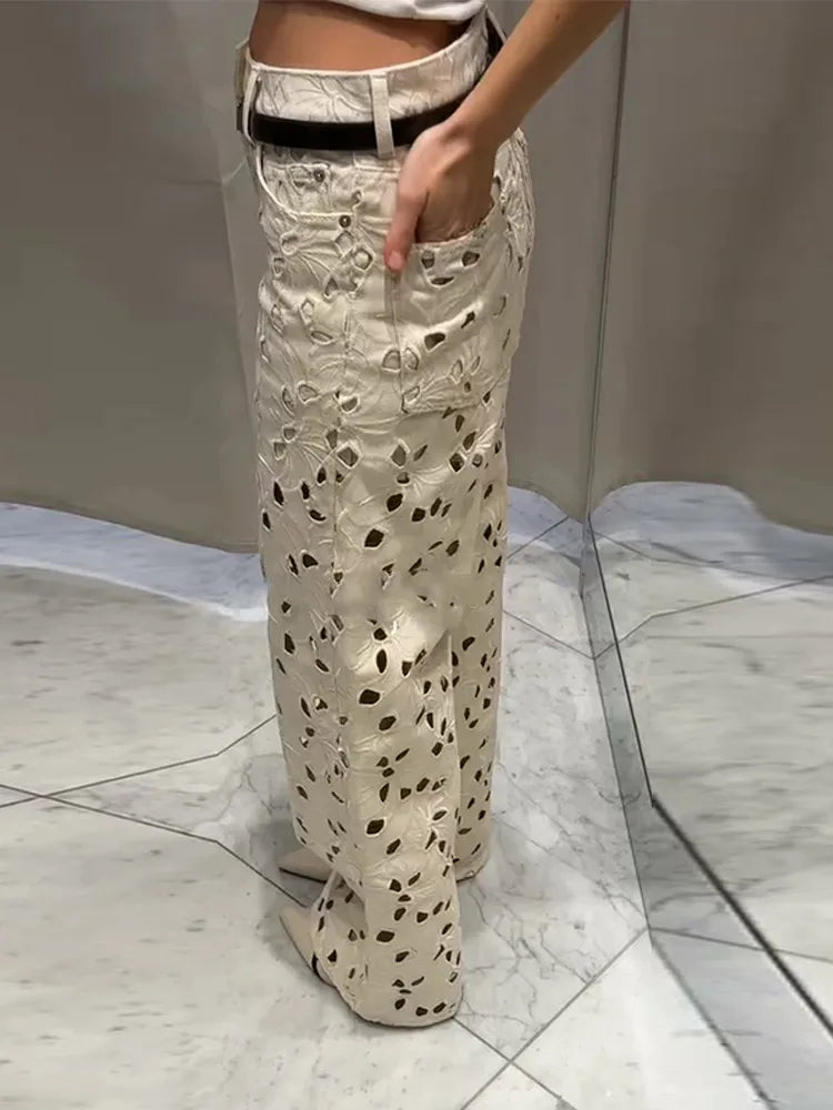 Chic Beige Mid-Rise Cut-Out Denim Jeans Pant For Women Designer Women's Wide Leg Baggy Pants Casual Daily Streetwear Trousers