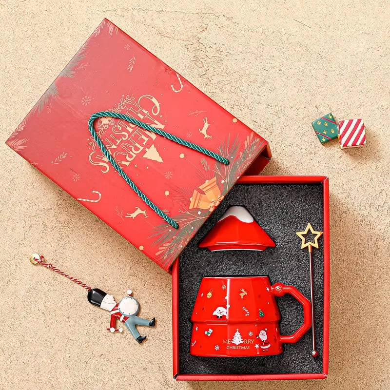 Christmas Gift Selection Cartoon Santa Mug, Ceramic Mug with Lid & Spoon, Gift Box Packaging, Create a Warm Christmas Atmosphere