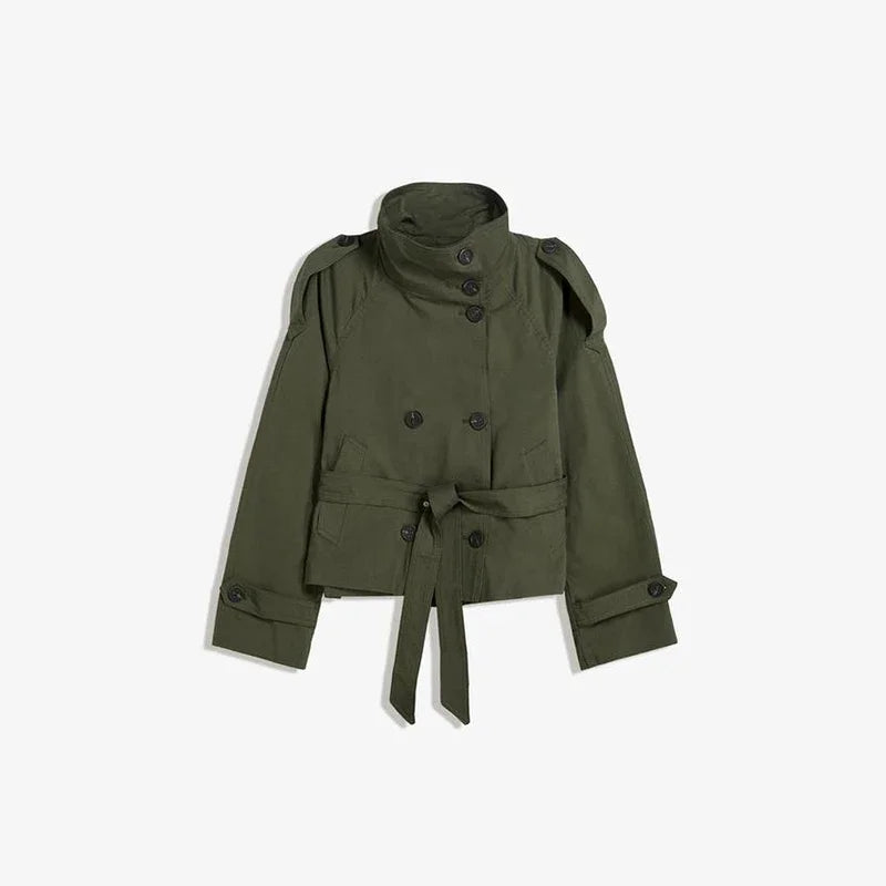 Windbreaker jacket 2025 new retro lapel design with double breasted straps versatile long sleeved short style