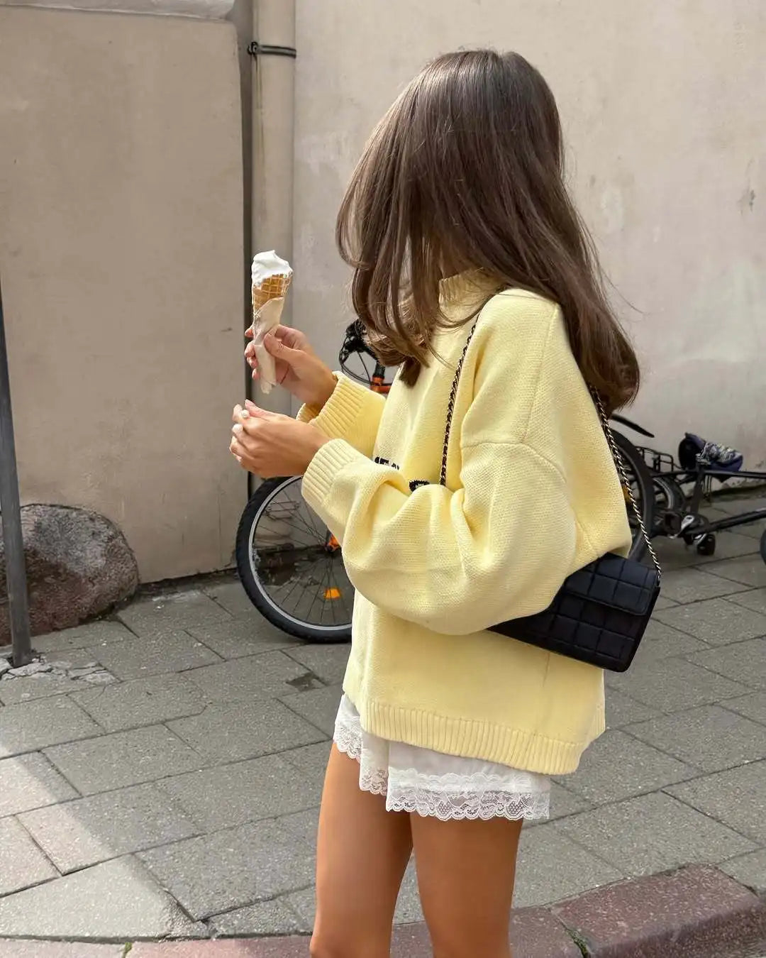 Women Yellow Full Sleeve Round Neck Loose Top Casual Knitted Pleated Short Sweaters New Autumn Lady Daily Street Commute Outfits