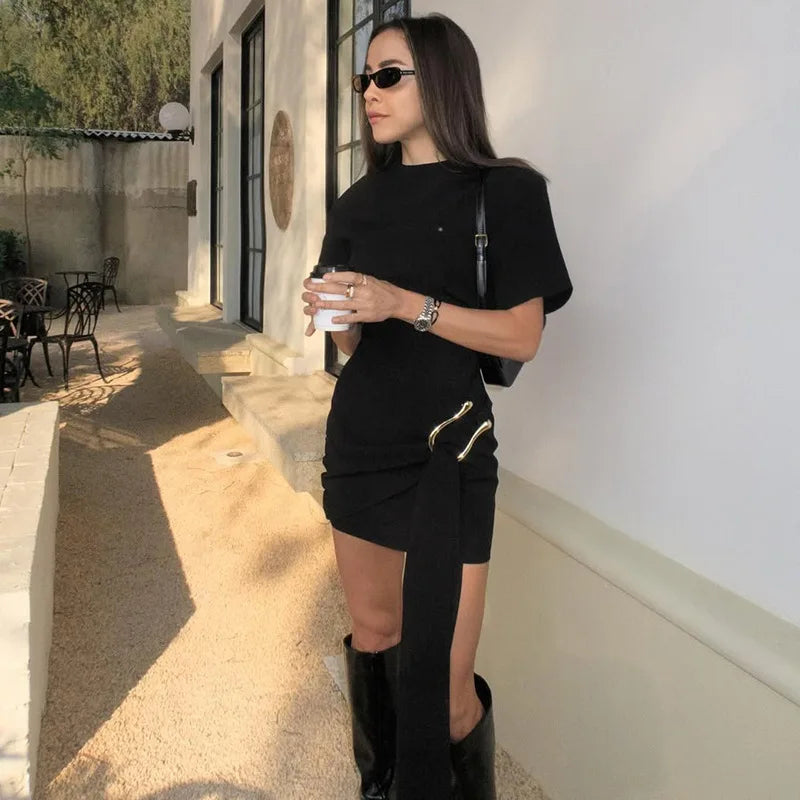 XIAOTANG Short Sleeve Draped Sexy Mini Dress For Women Black Metal Buckle O Neck High Waist Bodycon Club Dress Vestido Clothes