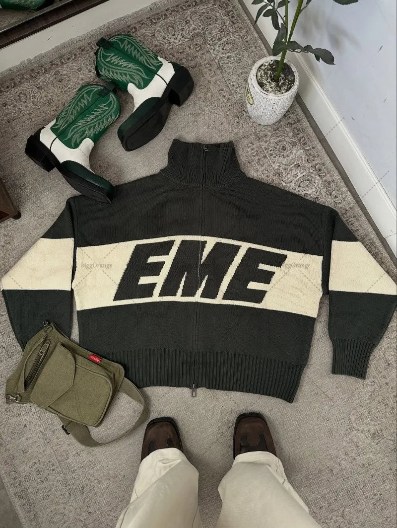 Retro Harajuku Spliced zipper Knit Sweater New Fashionable Casual Sweater Men American Y2k Letter Embroidery Clothing Women