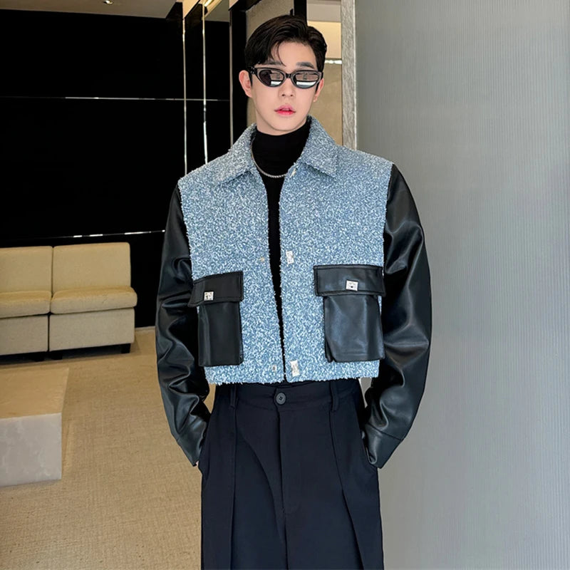 LUZHEN Spring Fabric Short Fashion Jackets Patchwork Faux Leather Color Contrast Trendy Casual Outerwear Male Clothes LZ6326