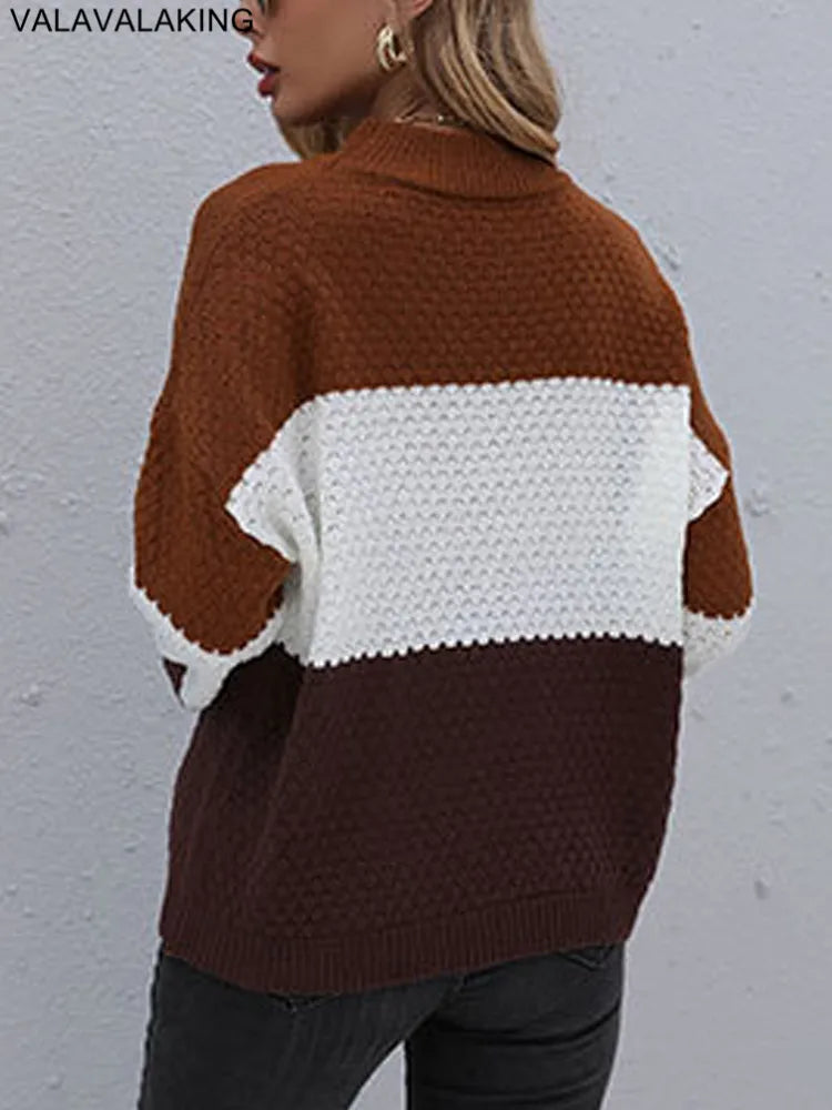 2025 Winter Solid Patchwork Knitted Sweater Women Long Sleeve Loose Pullover Autumn Lady Half High Collar Casual Warm Jumper