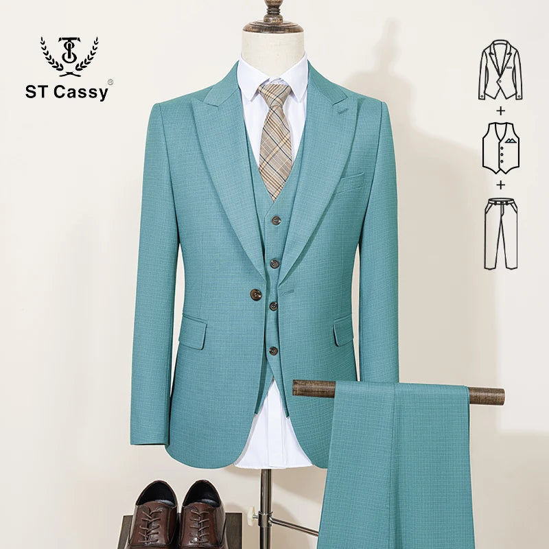 ST Cassy High Quality Men's Suit Summer thin breathable Slim Fit Formal Business Office Men's Suits（jacket+Vest+Pants）