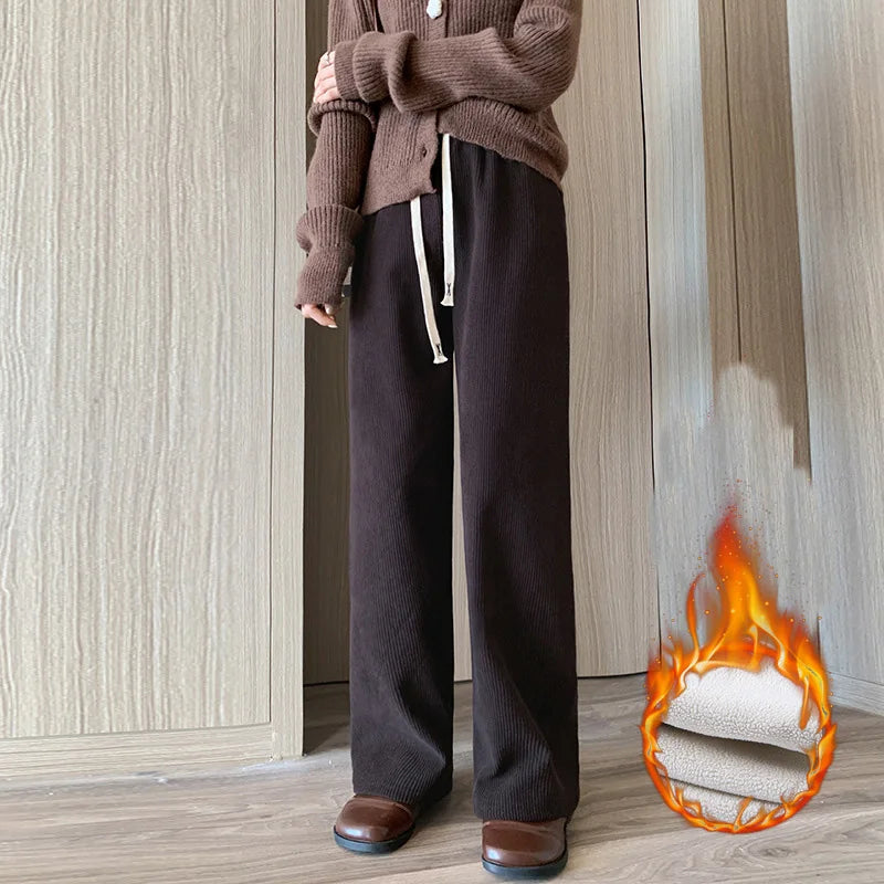 Winter Women Fleece Wide Leg Long Pants Thicken Warm Winter Stright Long Elastic Waist Trousers Casual Loose Female Botton Pants