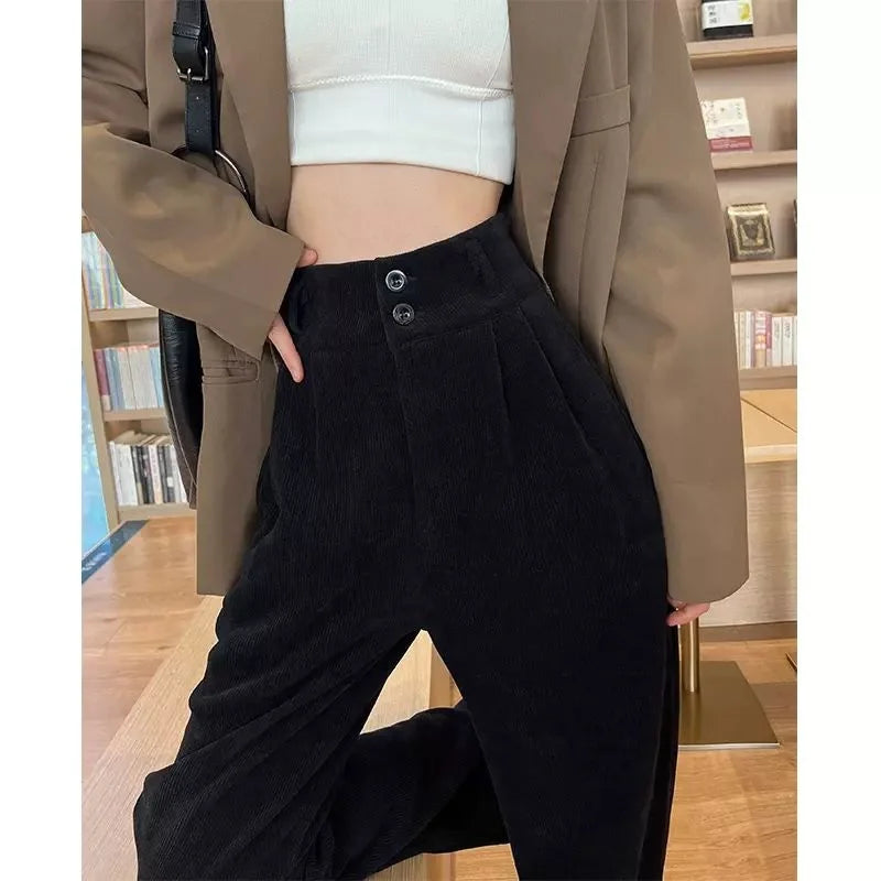 White Corduroy High Waisted Wide Leg Pants For Women Autumn And Winter Velvet Straight Leg Pants Floor Chenille Suit Trousers