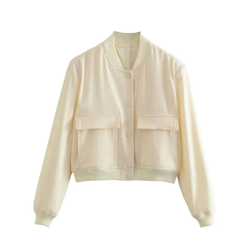 MUJER 2025 Woman Bomber Jacket White Autumn Winter Button Cropped Jackets for Women Fashion Long Sleeve Women Coats Outerwears