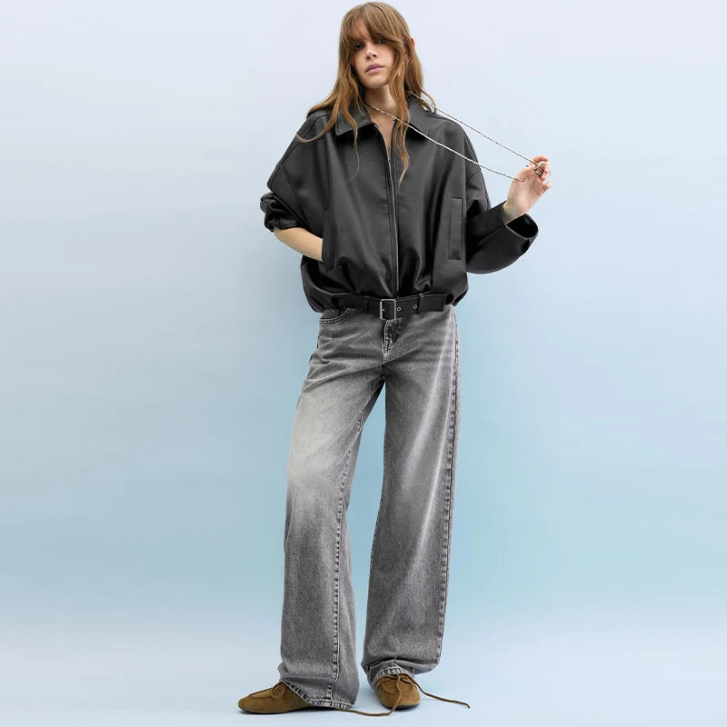 ﻿ Women's Fashion Lapel PU Leather Jacket Loose Full Sleeve Zipper Waist Belt Lace Up Coats 2025 Autumn Lady Casual Streetwear