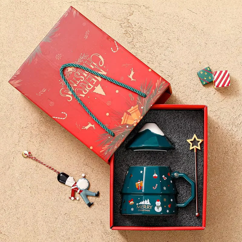 Christmas Gift Selection Cartoon Santa Mug, Ceramic Mug with Lid & Spoon, Gift Box Packaging, Create a Warm Christmas Atmosphere