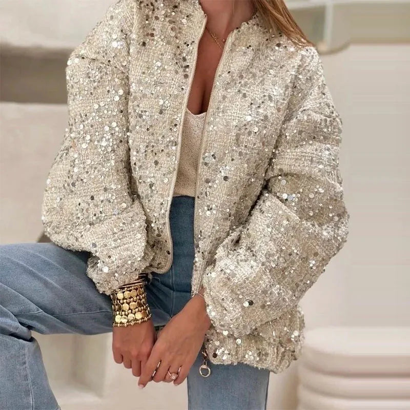 Sparkly Women's Loose Fit Sequin Jacket Coat Stand Collar Zip-Up Silver Cropped Outerwears Chic Autumn Casual Daily Streetwear