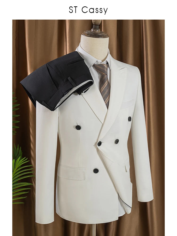 ST cassy 2 Piece White Double Breasted Suit Set  Business Wedding Outfit Classic Stylish Blazer Pants Trendy Elegant