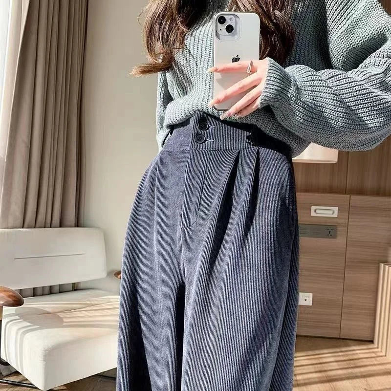 White Corduroy High Waisted Wide Leg Pants For Women Autumn And Winter Velvet Straight Leg Pants Floor Chenille Suit Trousers