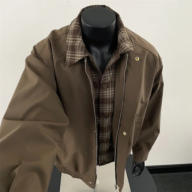 2025 New Plaid Lapel Fake Two-piece Zipper Jacket Men's High Street Fashion Outerwear Coats American Retro Y2K jaqueta masculina