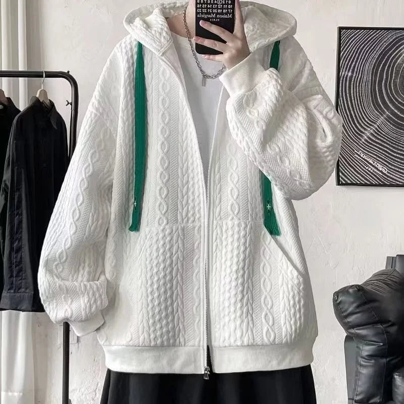 Korean Fashion Waffle Zipper Hooded Sweatshirt Men's Autumn Casual Oversized Y2K Hoodies 2025 New High Street Vintage Jacket