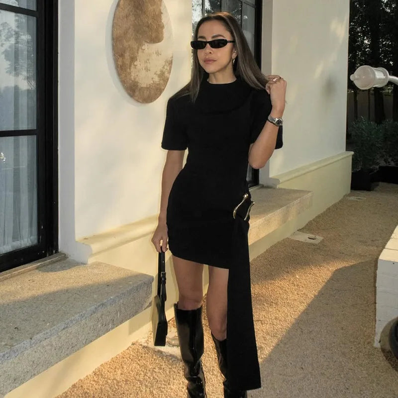 XIAOTANG Short Sleeve Draped Sexy Mini Dress For Women Black Metal Buckle O Neck High Waist Bodycon Club Dress Vestido Clothes