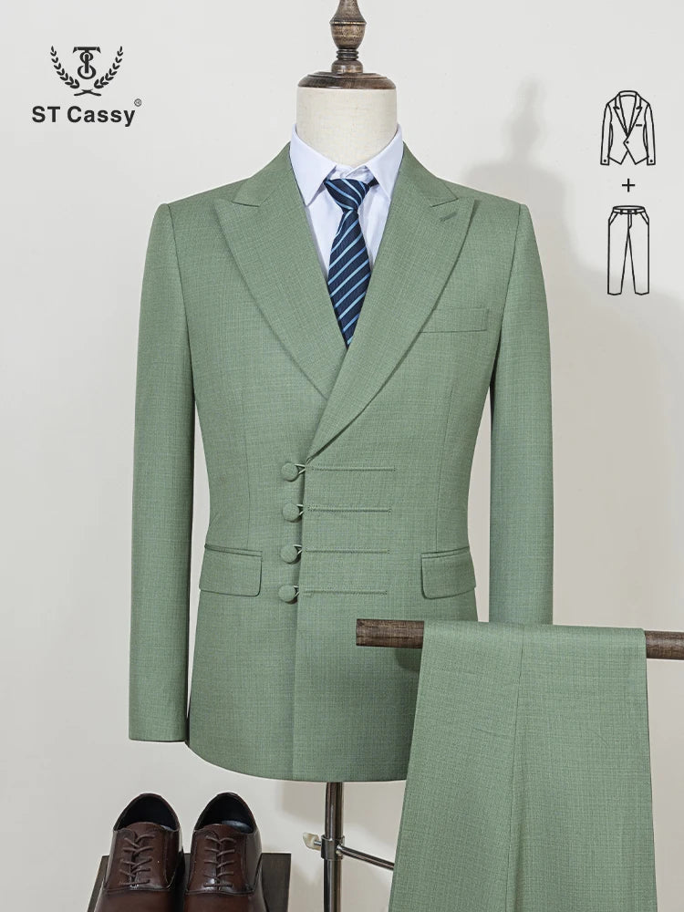 ST Cassy Elegant man suit for wedding peach Slim Fit Double Breasted Multiple buttons Casual Business man 2 piece outfit set