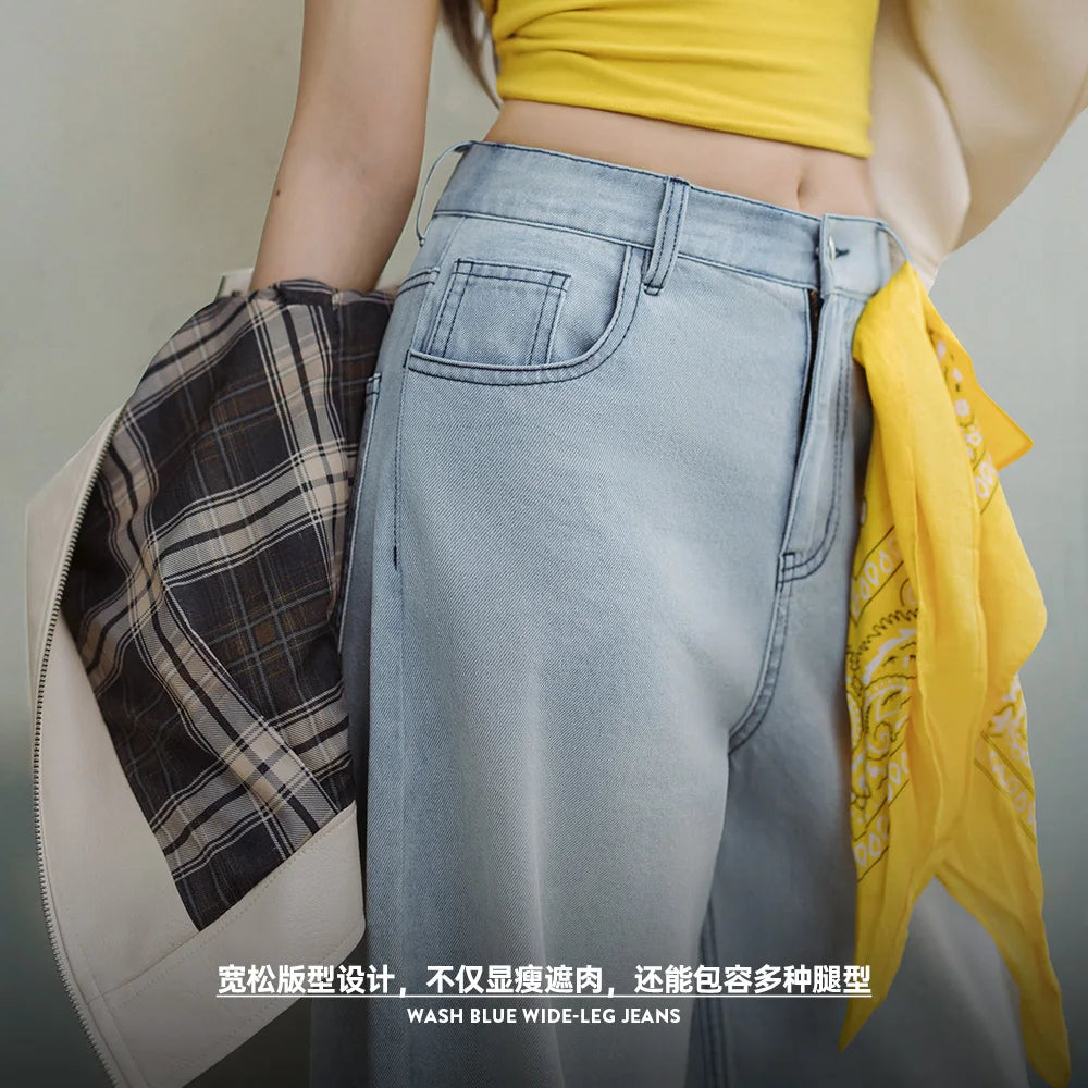 Maden Vintage Washed Blue Wide Leg Jeans for Women Loose Do Old Straight Leg Pants 10 OZ Cotton Breathable Lightweight Trousers