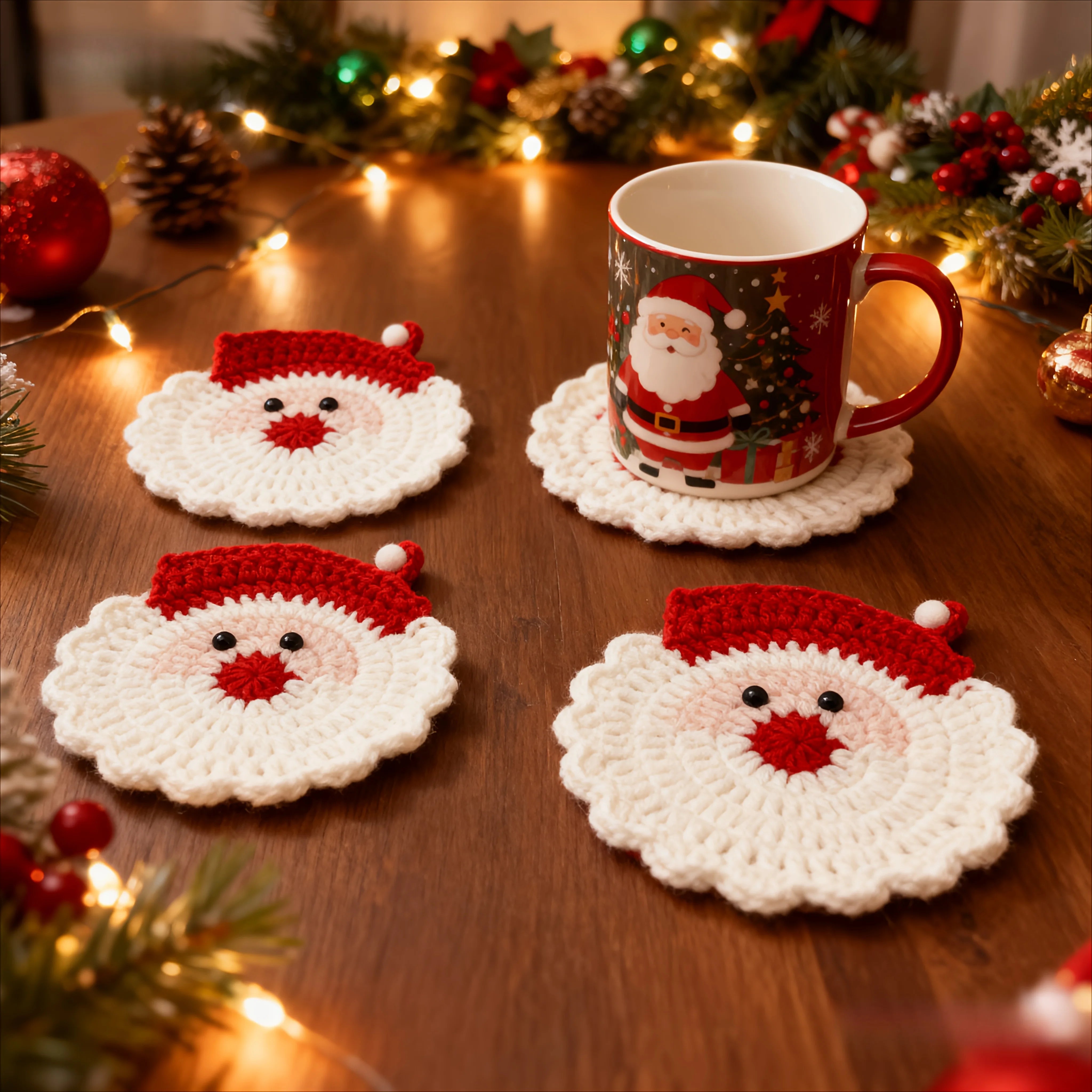 4pcs Handmade Crochet Santa Claus Coasters - Holiday Decor, Durable Fabric Drink Trays,Festive Table Decor,Unique Christmas Gift