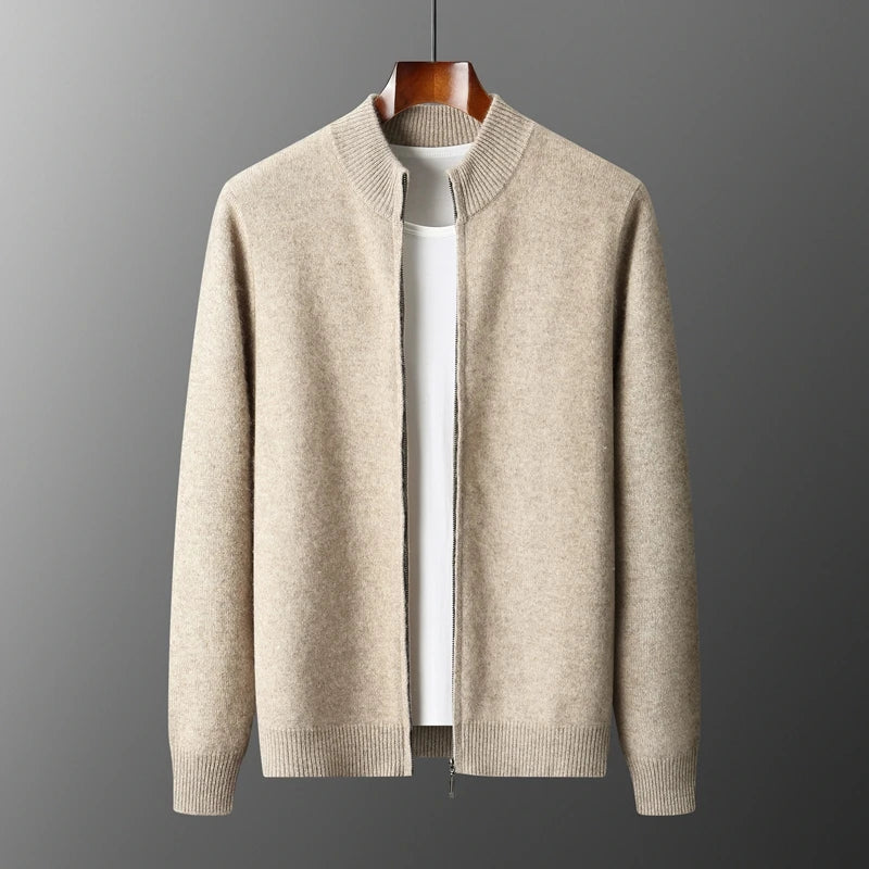 100% Merino Wool Men's Warm Sweater Mock Collar Thickened Zippered Cardigan Autumn Winter New Cashmere Knitted Long Sleeve Tops