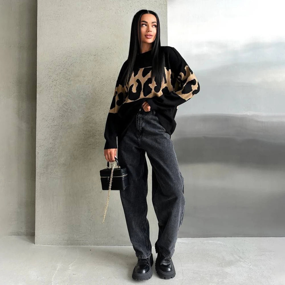 Autumn Winter Vintage Leopard Print Women's Sweater Loose Causal Oversized Knitwear Women Fashion Oneck Female Clothing 2024 New