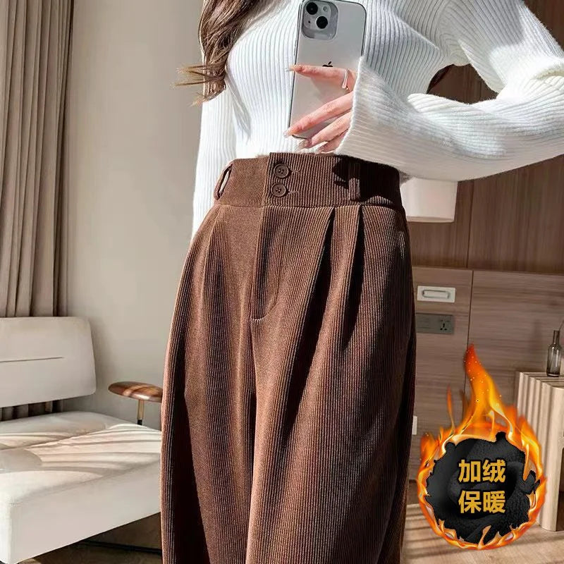White Corduroy High Waisted Wide Leg Pants For Women Autumn And Winter Velvet Straight Leg Pants Floor Chenille Suit Trousers