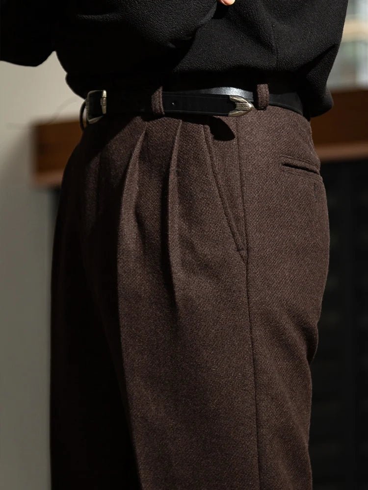 Textured cross-weave wool tweed casual pants Hollywood waist loose straight-leg long pants Vintage-style trousers Thick