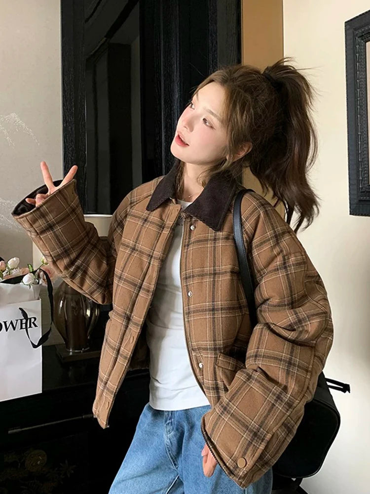 Zoki Warm Vintage Plaid Parkas Women Loose Long Sleeve Winter Thick Cotton Coat Korean Casual Pockets Cute Sweet Jacket Tops New