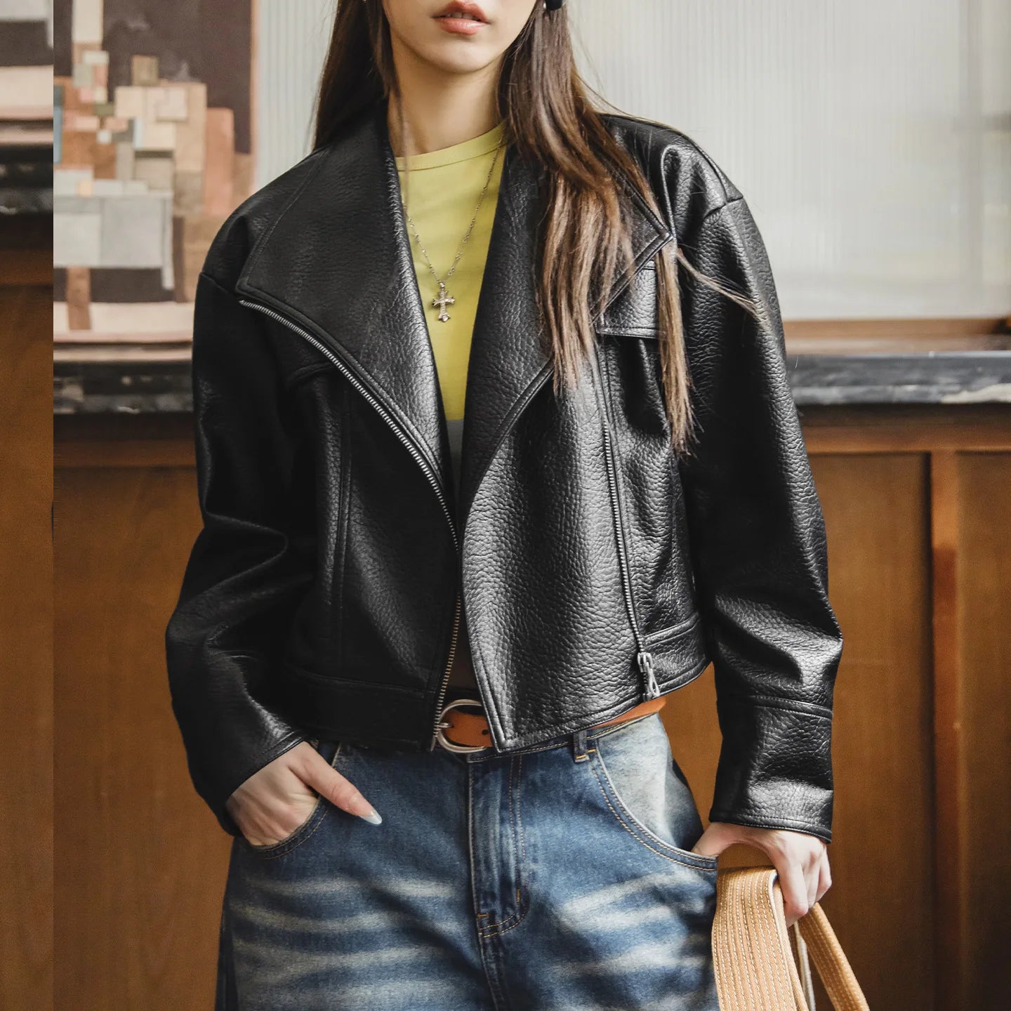 Maden Women's Retro Black Faux Leather Jacket Cropped Motorcycle Style Zipper Jackets Versatile Autumn and Spring Outerwear