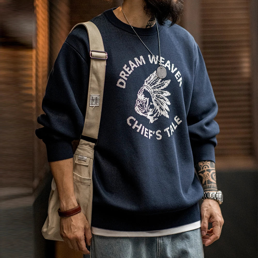 Maden Retro Letter Knitted Pattern Sweater Round Neck Casual Pullover Warm Sweater for Men's Autumn and Winter Versatile Tops