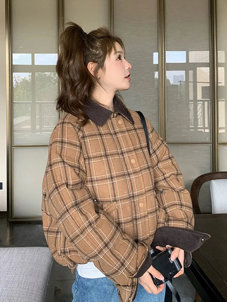 Zoki Warm Vintage Plaid Parkas Women Loose Long Sleeve Winter Thick Cotton Coat Korean Casual Pockets Cute Sweet Jacket Tops New