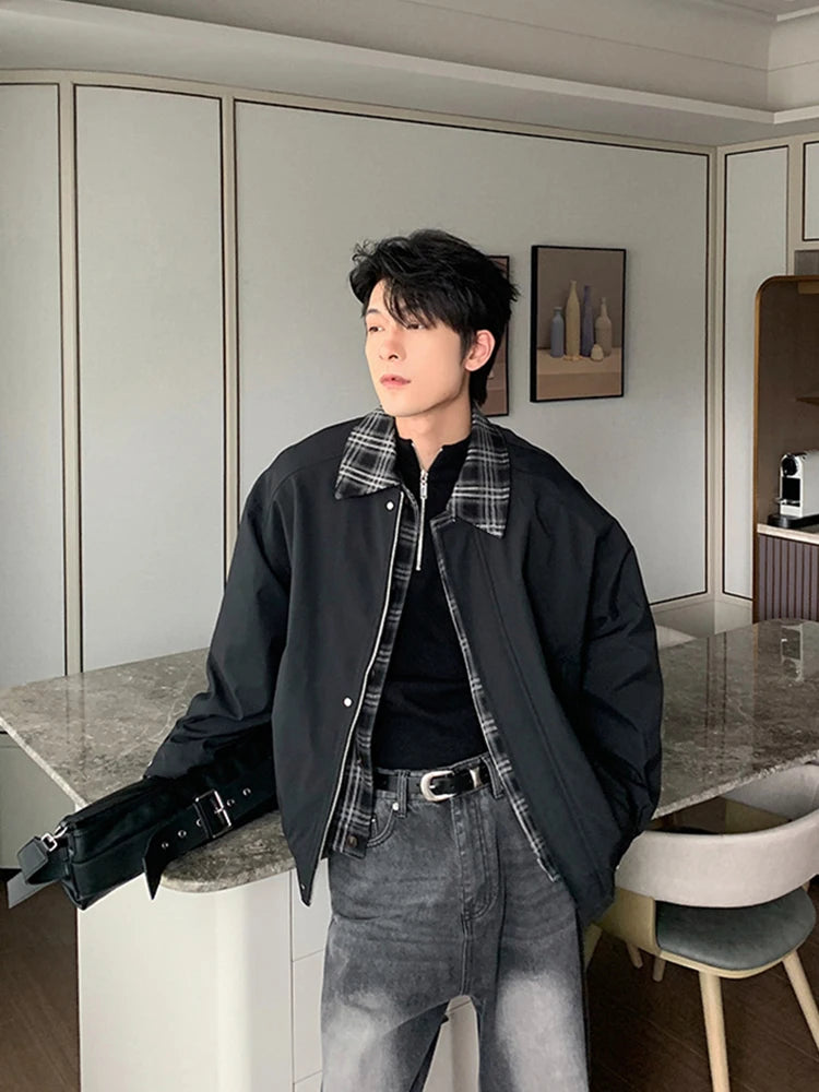 2025 New Plaid Lapel Fake Two-piece Zipper Jacket Men's High Street Fashion Outerwear Coats American Retro Y2K jaqueta masculina