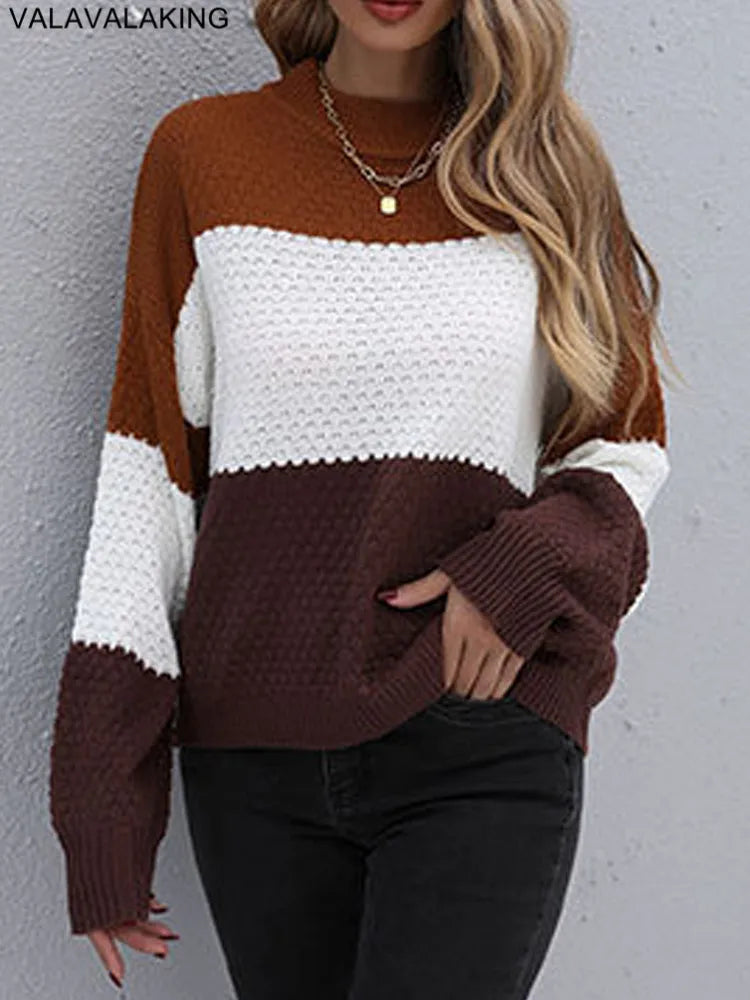 2025 Winter Solid Patchwork Knitted Sweater Women Long Sleeve Loose Pullover Autumn Lady Half High Collar Casual Warm Jumper