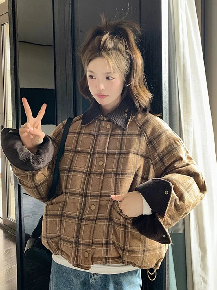 Zoki Warm Vintage Plaid Parkas Women Loose Long Sleeve Winter Thick Cotton Coat Korean Casual Pockets Cute Sweet Jacket Tops New