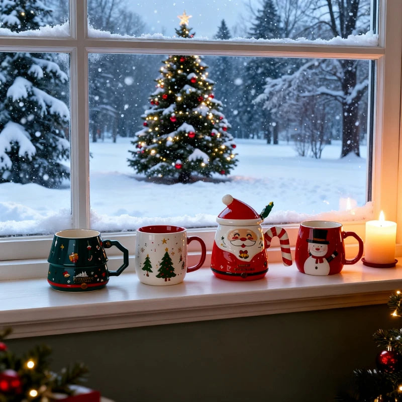 Christmas Gift Selection Cartoon Santa Mug, Ceramic Mug with Lid & Spoon, Gift Box Packaging, Create a Warm Christmas Atmosphere