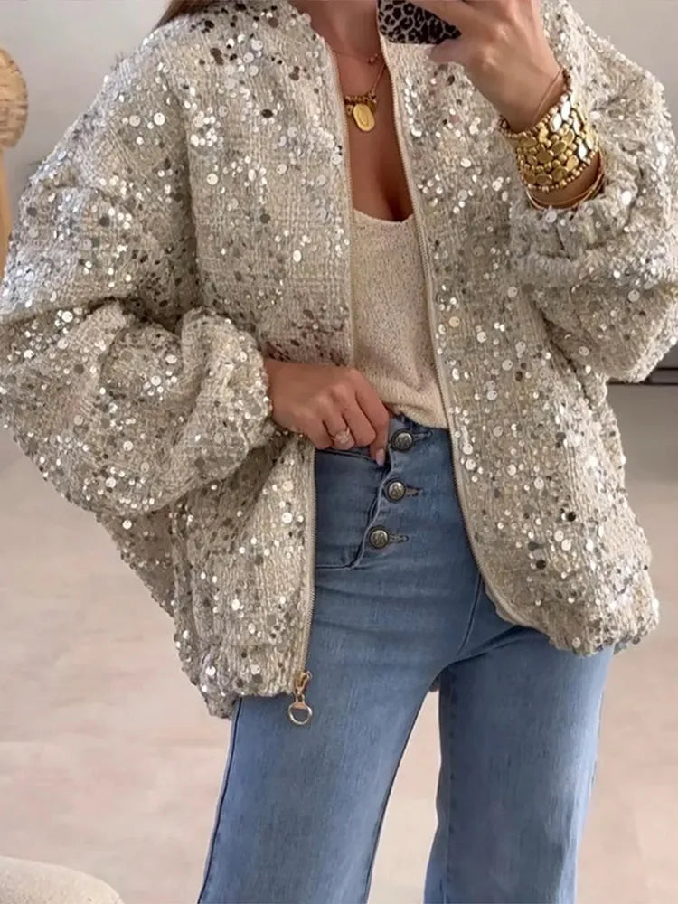 Sparkly Women's Loose Fit Sequin Jacket Coat Stand Collar Zip-Up Silver Cropped Outerwears Chic Autumn Casual Daily Streetwear