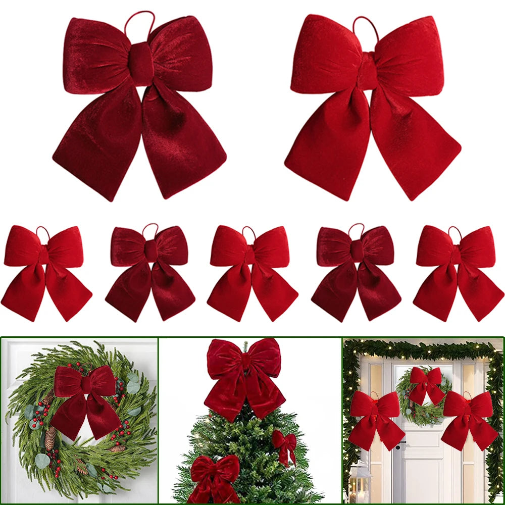 Christmas Red Velvet Bows Xmas Tree Ornaments for Christmas Home Decorations Wreath Stairs Railing Decors New Year Gift Supplies