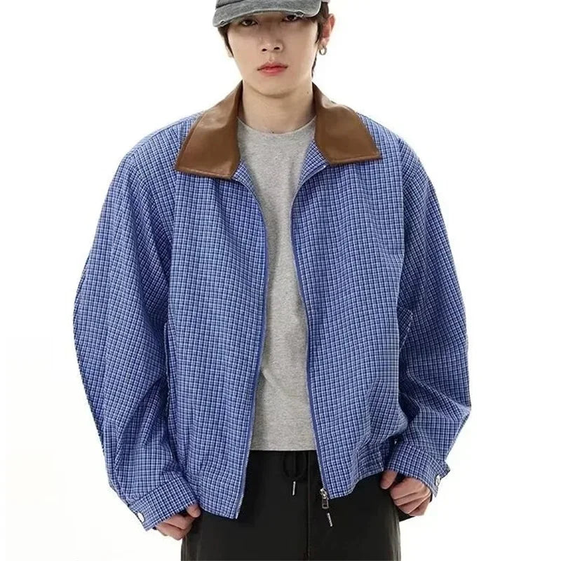 2025 Autumn High Street Plaid Jackets For Men Casual Y2K Vintage Streetwear Zipper Coats Hip Hop Fashion Motorcycle Jacket
