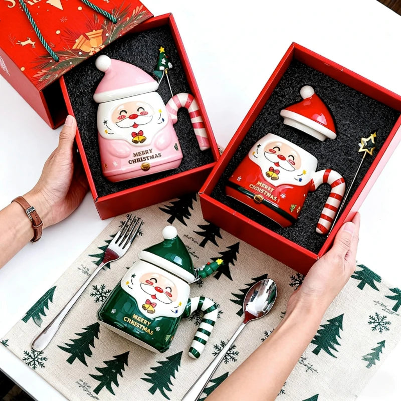 Christmas Gift Selection Cartoon Santa Mug, Ceramic Mug with Lid & Spoon, Gift Box Packaging, Create a Warm Christmas Atmosphere