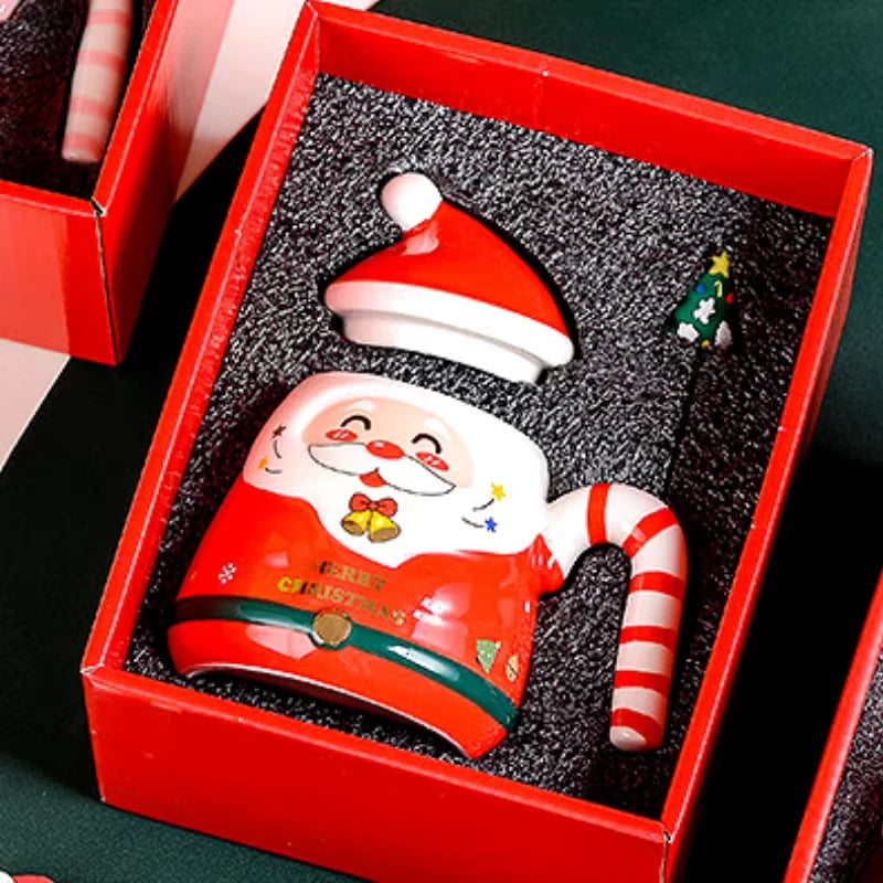 Christmas Gift Selection Cartoon Santa Mug, Ceramic Mug with Lid & Spoon, Gift Box Packaging, Create a Warm Christmas Atmosphere
