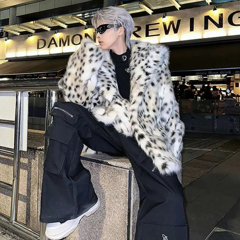 LUZHEN Leopard Print Niche Imitation Fur Tops Turn-down Collar Personalized Functional Warm Coat Elegance Trendy Male LZ7986