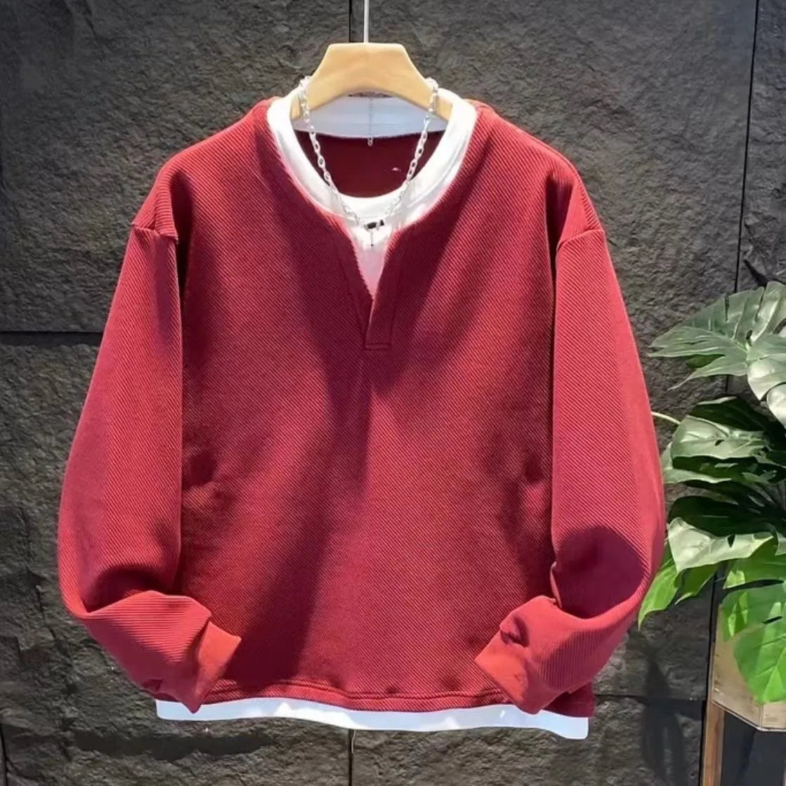 Autumn New Fake Two Piece Men's All-match Pullovers Top Long Sleeve Plus Size Loose Casual Hoodies Fashion Korean Men Clothing