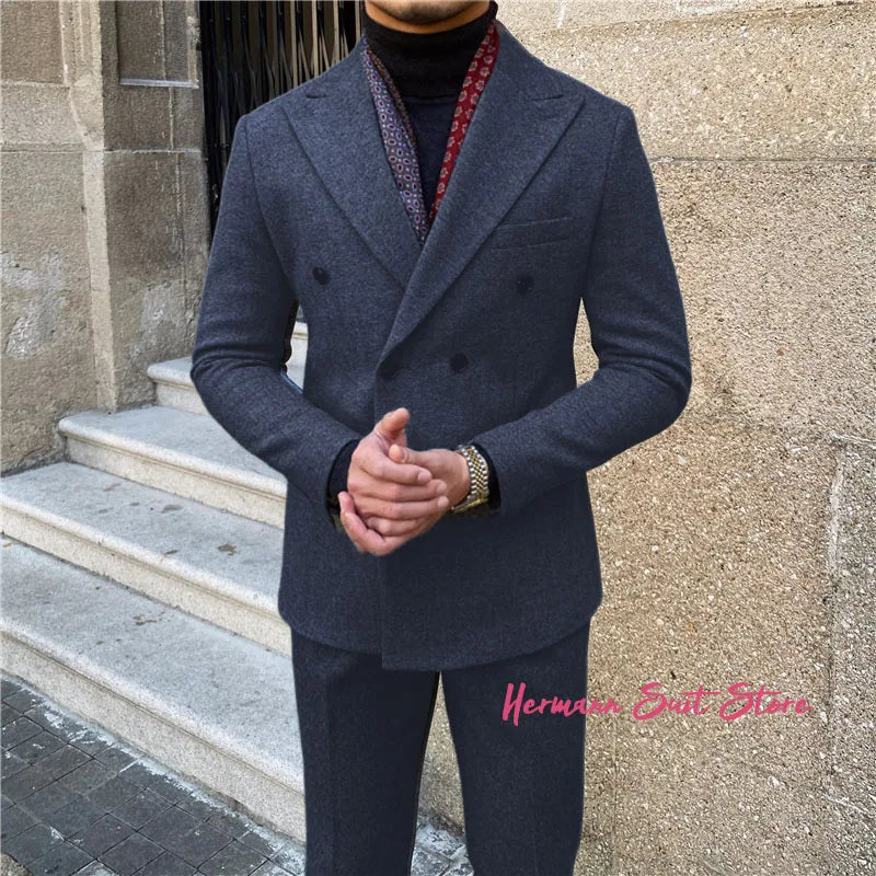 Man suit 2-piece set High quality Blazers Suit Pants Business Leisure slim fit suit Double Breasted Peak Lapel Wedding Tuxedos