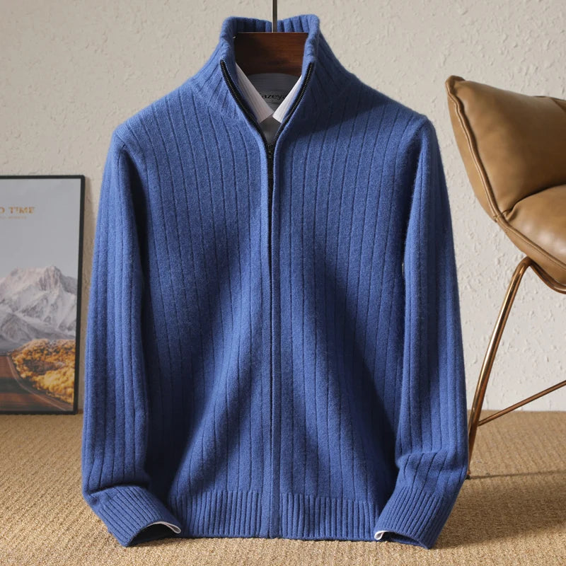 Men 100% Merino Wool Stand-Up Collar Cardigan Casual Knit Business Zipper Coat Autumn Winter Versatile Warm Men Cashmere Jacket
