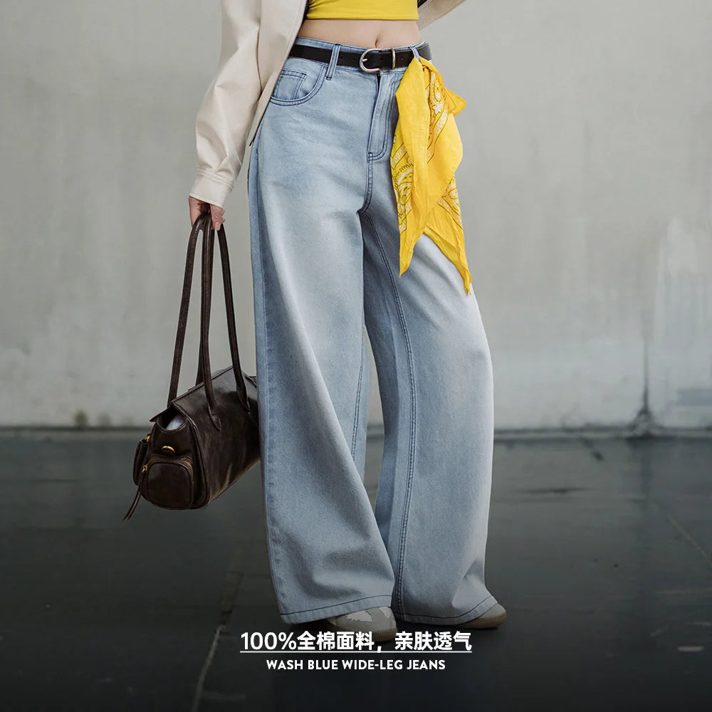 Maden Vintage Washed Blue Wide Leg Jeans for Women Loose Do Old Straight Leg Pants 10 OZ Cotton Breathable Lightweight Trousers