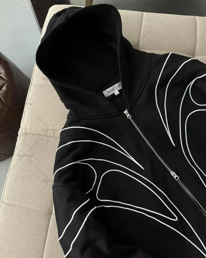 Striped splicing embroidery oversized hoodie American new clothing high street trend brand double zipper black zipper sweatshirt